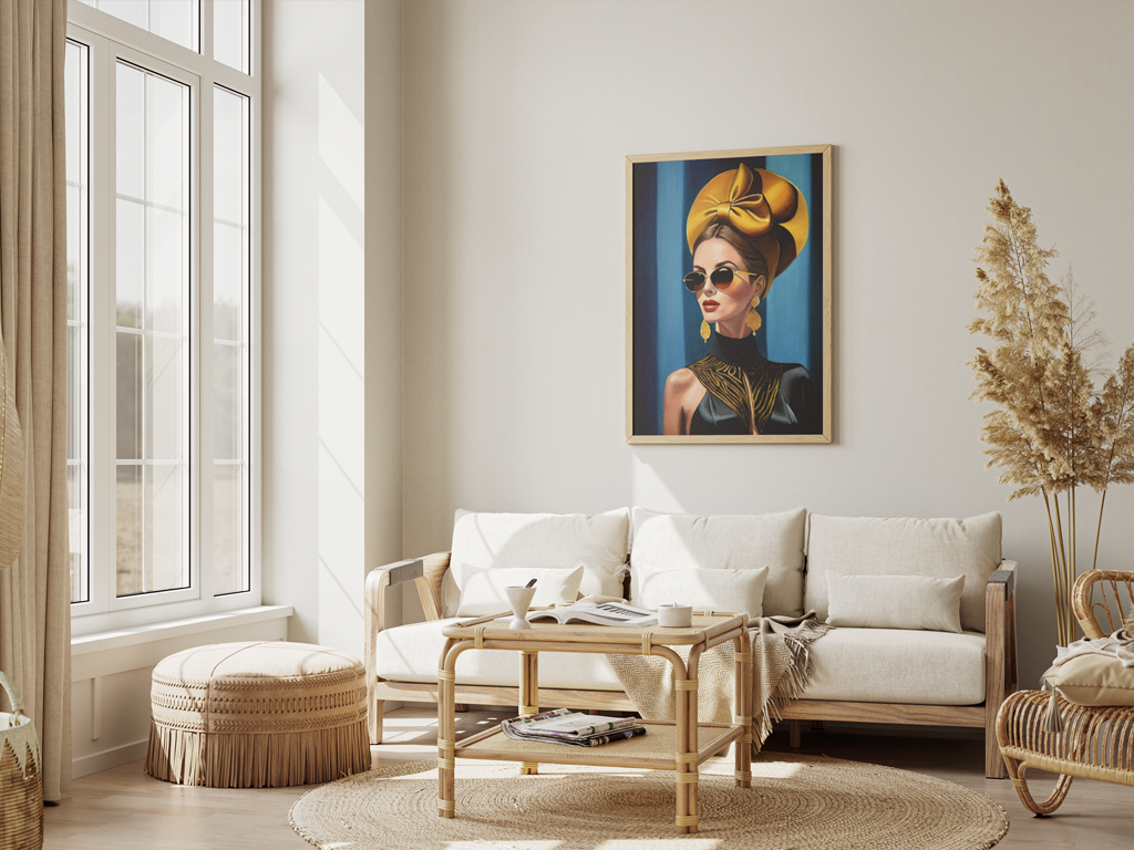 Tableau de Louis Chopin d'une femme avec des lunettes et un chapeau jaune sur un fond bleu canard