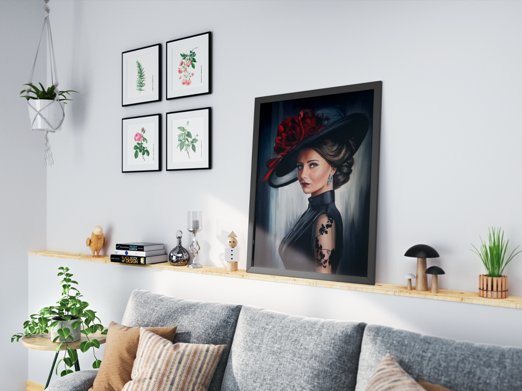 Tableau de Louis chopin d'une femme avec une chapeau noir sur un fond gris foncé