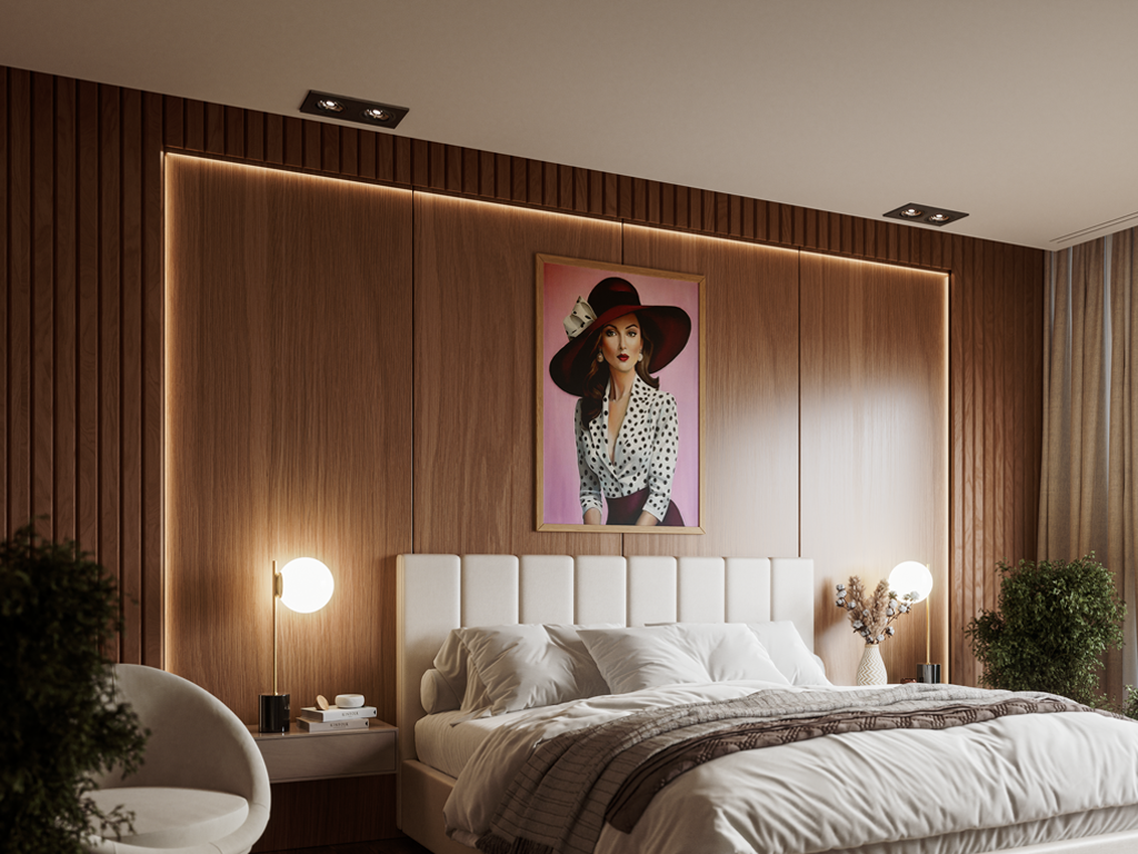 Tableau de Louis Chopin d'une femme avec un chapeau bordeaux sur un fond rose