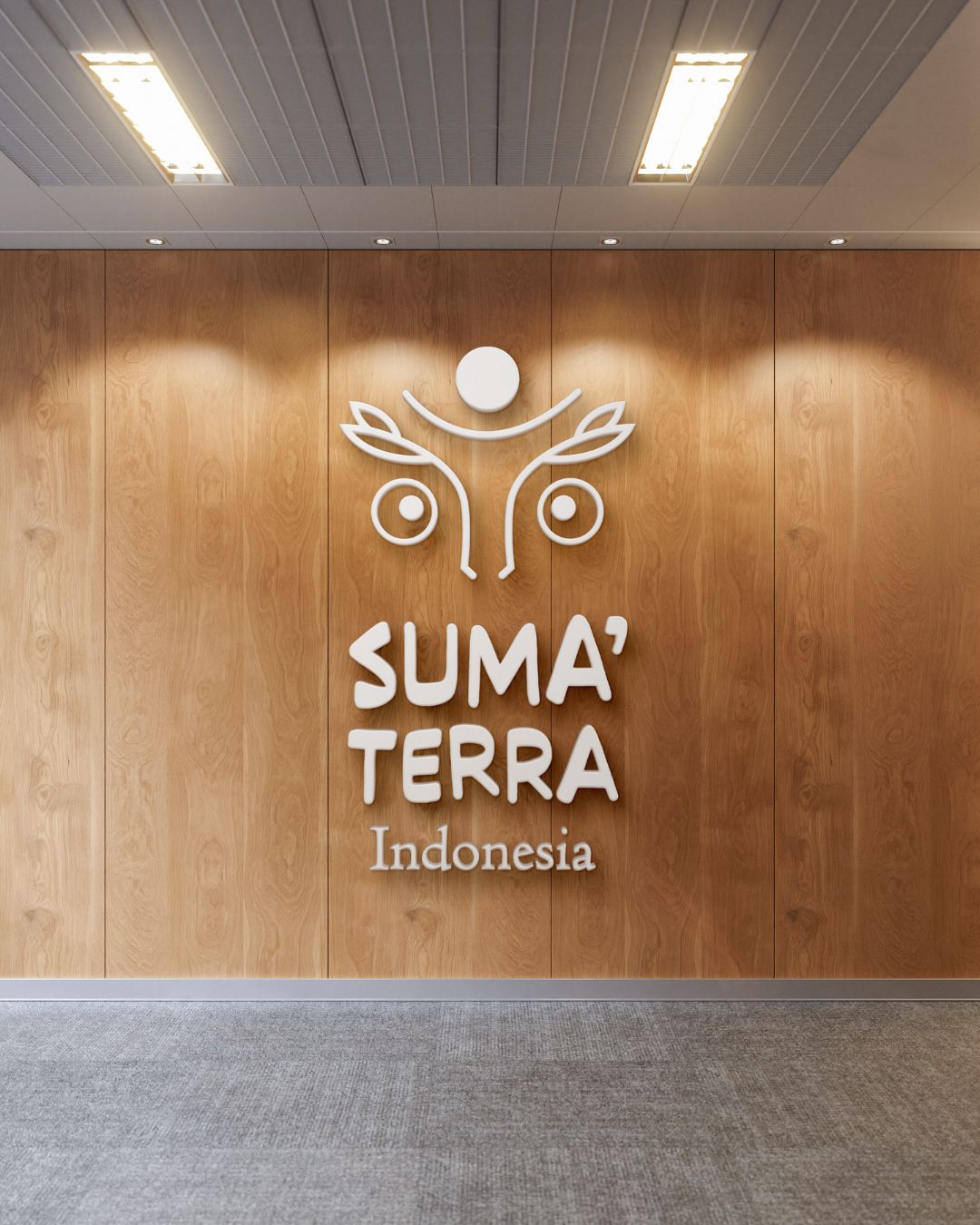 Identité visuelle de Suma'terra indonesia sur un mur d'entreprise créée par Solécla